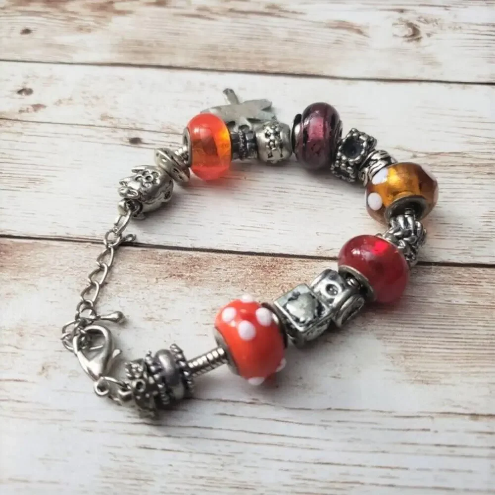 Vintage Dragonfly Charm Bracelet Silver Tone & Orange/Red Beads
